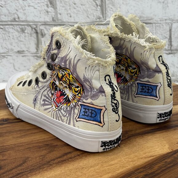 VTG Ed Hardy Canvas Laceless Skull Tiger Print Womens 5 High Top Slip On Shoes - Picture 3 of 13